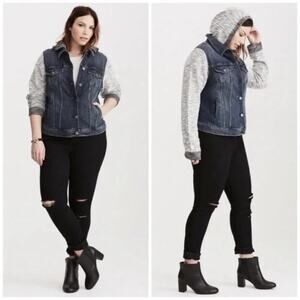 Torrid Denim French Terry Knit Hooded Jean Trucker Jacket Size 4X Grunge Biker